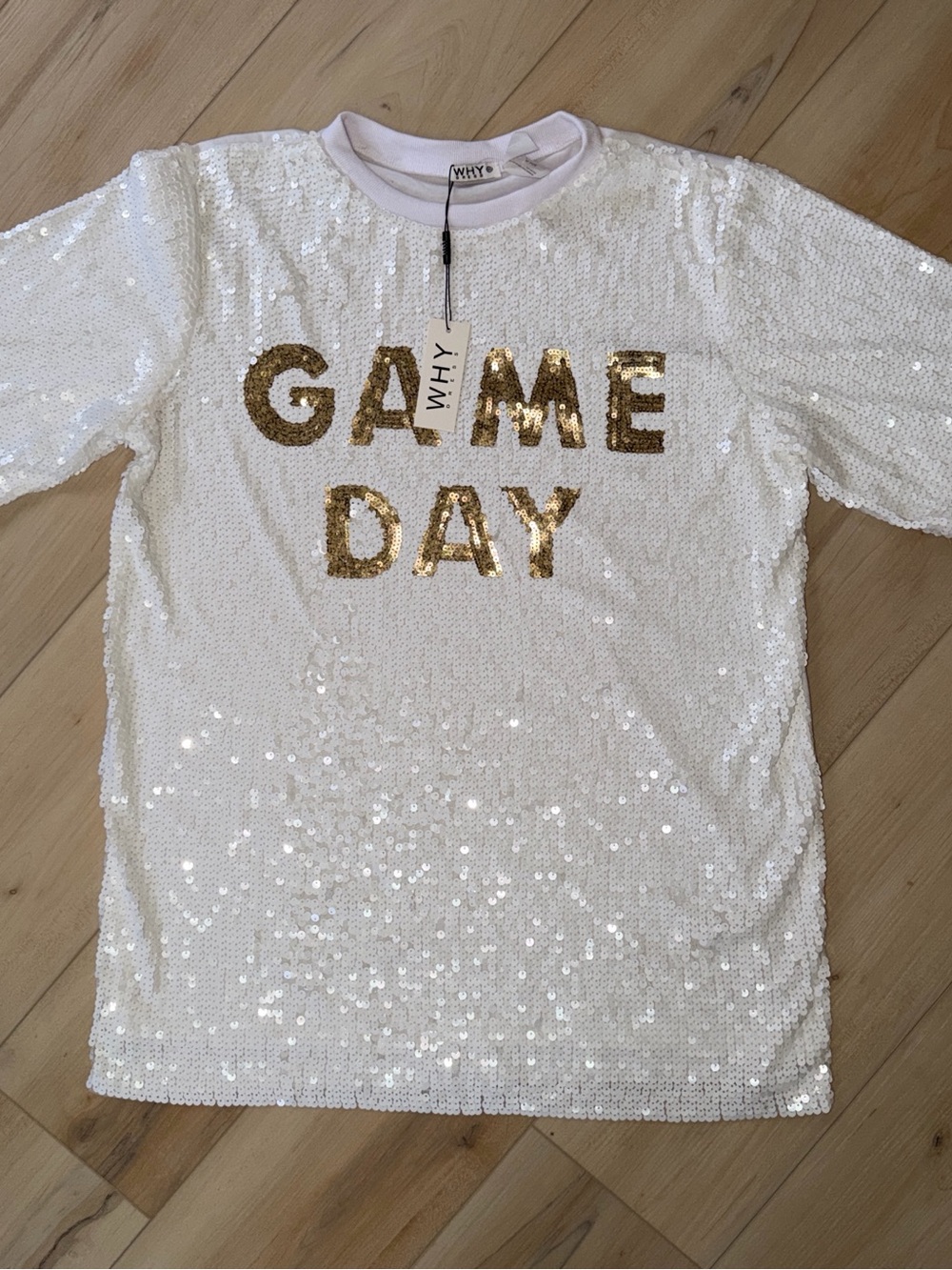 Women’s White Sequin 'Game Day' Dress Tee with Gold Lettering